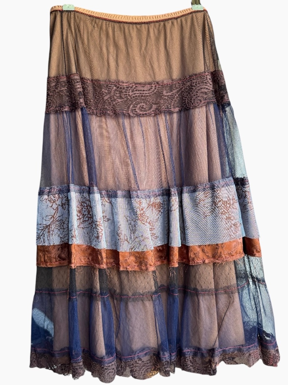 Aquarius Boho Brown and Blue Mixed Print Mesh Tiered Skirt Sz M